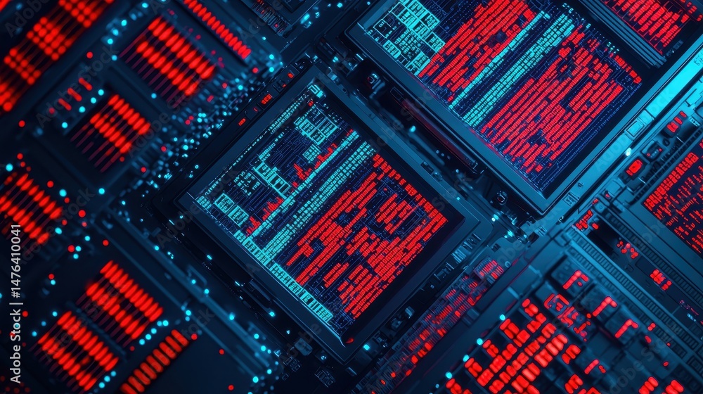 Poster futuristic abstract view of computer circuitry with red and blue lights illuminating digital connect