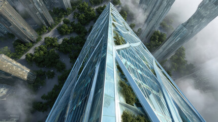 Eco-friendly building in the modern city. Sustainable glass office building with tree for reducing heat and carbon dioxide. Office building with green environment. Corporate building reduce CO2