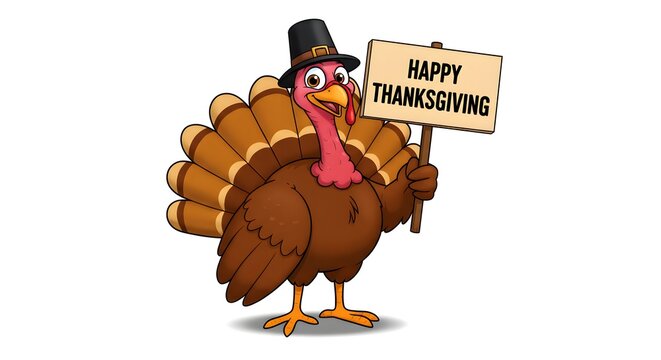 Cartoon turkey holding a sign wishing happy thanksgiving with festive design and vibrant colors