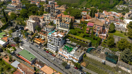 Fototapeta premium Aerial view of houses and apartments in the historic center of Ravello, , in the province of Salerno, in Campania, Italy.