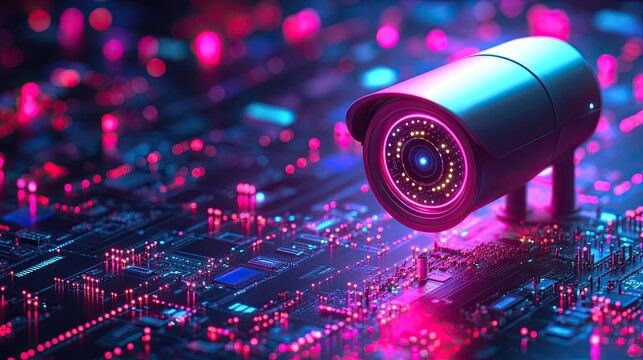 A futuristic surveillance camera on a glowing circuit board with neon lights. This digital-style image is perfect for websites or blogs about cybersecurity, surveillance, and data monitoring.

