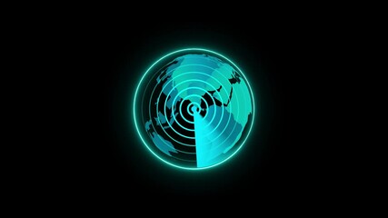 Animated glowing radar scanner global map visualization on black background for technology and exploration conceptsGlobal map with animated glowing radar scanner. - Powered by Adobe