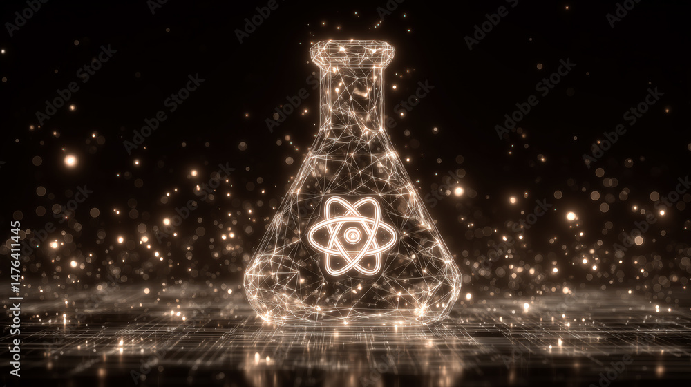 Aufkleber a glowing digital flask with an atomic symbol, representing science and technology, set against a fu
