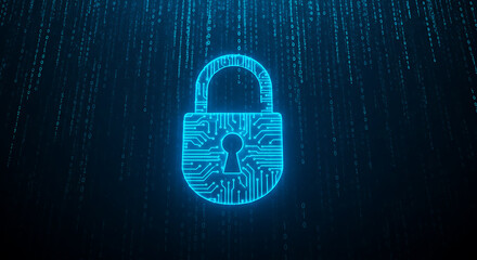 Digital Lock Security: Glowing Padlock on Binary Code Background