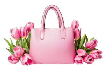 Stylish pink handbag surrounded by fresh pink elements for a chic and feminine fashion statement