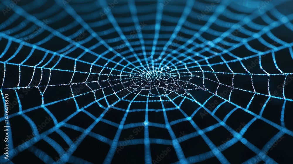 Poster Intricate Blue Spider Web in Dark Background with Symmetrical Design and Detailed Texture