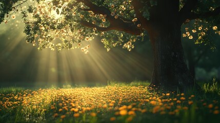 Obraz premium Sunlight streams through a majestic tree over a field of flowers.