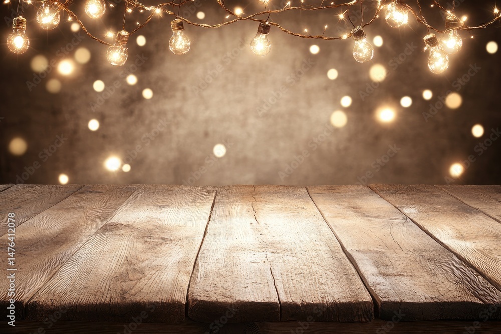 Poster rustic wooden table with warm string lights