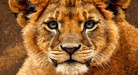 Fototapeta premium Lion cub face close up in mosaic art style
