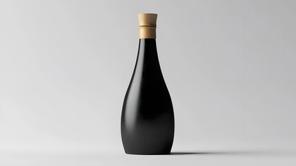 Sleek black bottle with wooden cap stands against plain background, exuding elegance and simplicity