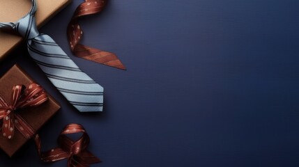 Fathers Day Scene with Classic Tie, Coffee Cup and Gift Box - Warm Wood Texture & Blank Space for Greeting Card, Social Media, E-commerce Design