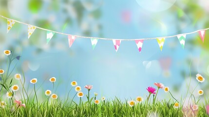 Flag Day Natural Background: Red Flags Merge with Wilderness, Spreading an Ecological Scroll Co - painted by Mountains, Rivers, Plants and Flag Passion
