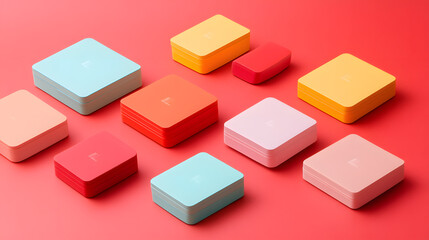 Obraz premium Colorful tech product packaging arranged on vibrant red background, showcasing various sizes and shapes