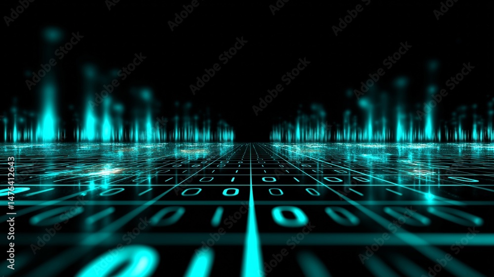 Poster computer science graduates showcase binary patterns in a futuristic digital landscape