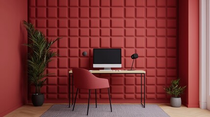 Modern workspace with stylish desk and computer in cozy red interior design featuring plants and soft textures