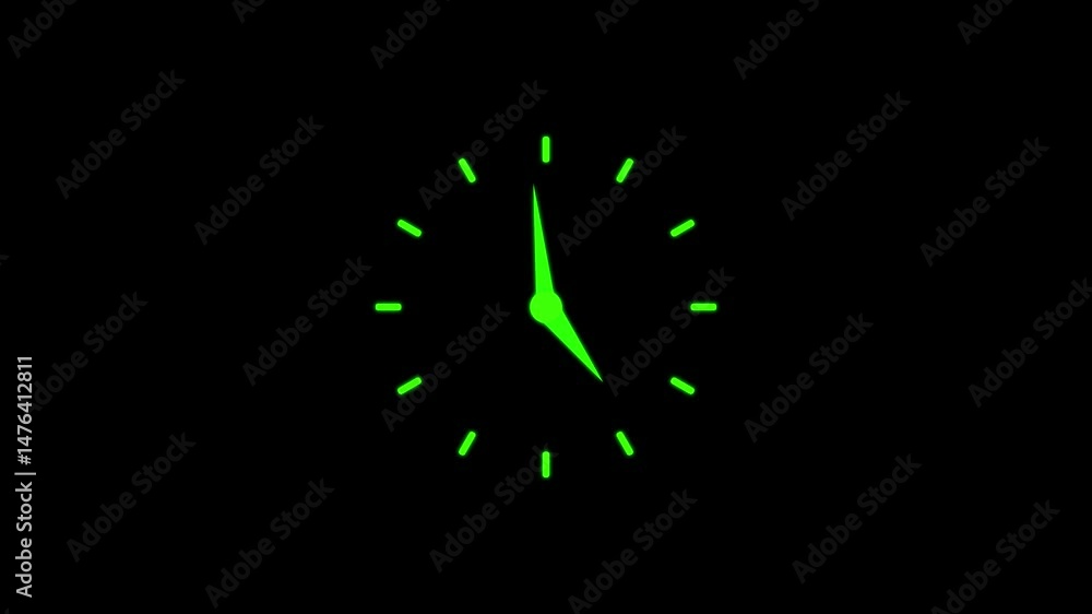 Poster green analog clock face with visible time display.illuminated green analog clock face showing time i