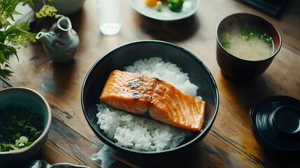 Delicious Japanese breakfast featuring grilled salmon on rice, accompanied by miso soup and vegetables, is beautifully presented
