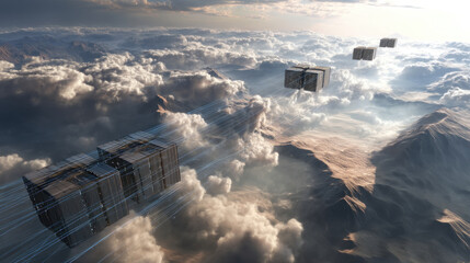 Cloud-based server system, hovering above terrain in abstract digital art. Cloud Computing service : Real Cloud and applications control over the city for network security computer