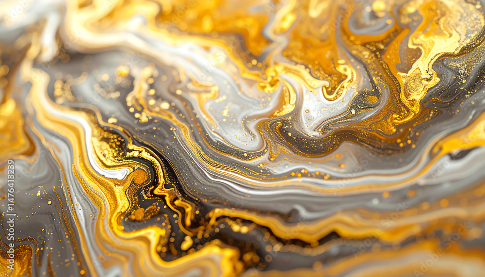 Poster swirling patterns of gold and gray create a mesmerizing abstract image, highlighting vibrant colors 