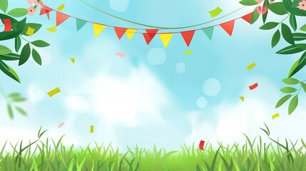 Flag Day Natural Background: Red Flags Merge with Wilderness, Spreading an Ecological Scroll Co - painted by Mountains, Rivers, Plants and Flag Passion