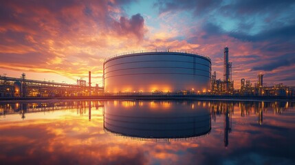 Fototapeta premium Industrial factory exterior du sunset with large storage tank, reflecting water, pollution, metal structures, tanks, smokestacks, infrastructure, energy plant, sunset sky, manufactu facility