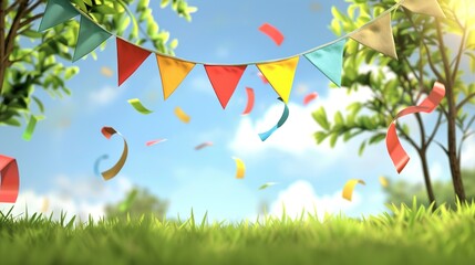 Flag Day Natural Background: Red Flags Merge with Wilderness, Spreading an Ecological Scroll Co - painted by Mountains, Rivers, Plants and Flag Passion