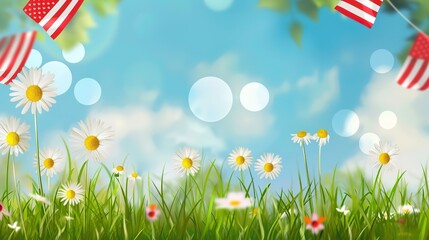 Flag Day Natural Background: Red Flags Merge with Wilderness, Spreading an Ecological Scroll Co - painted by Mountains, Rivers, Plants and Flag Passion
