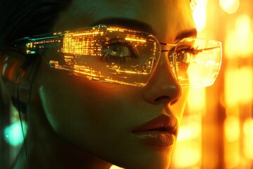 Close-up futuristic woman with glowing city view glasses.