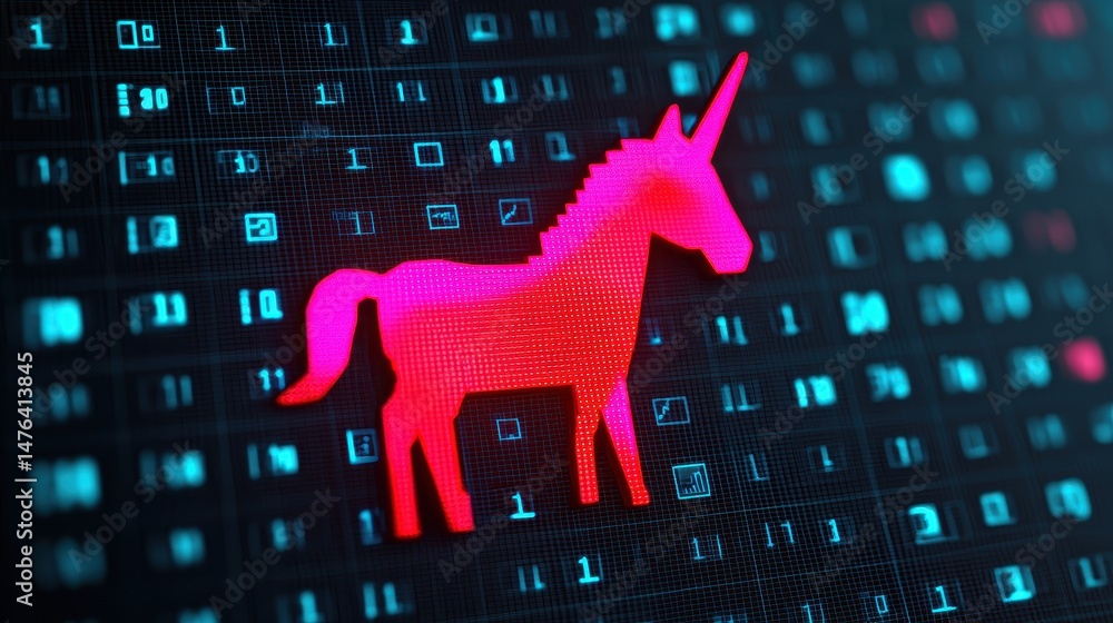 Poster abstract digital unicorn icon with neon colors on a matrix code background for fantasy technology th