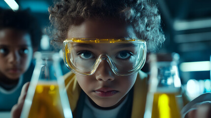 Curious children in STEM lab conducting chemical experiments with focus and excitement