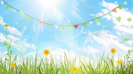 Flag Day Natural Background: Red Flags Merge with Wilderness, Spreading an Ecological Scroll Co - painted by Mountains, Rivers, Plants and Flag Passion