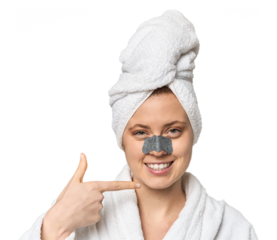 Young Caucasian redhead with pore strip person pointing by hand to a shirt copy space, proud and confident