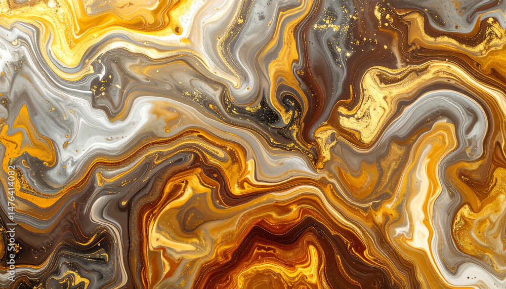 Poster swirling patterns of gold, brown, and gray create a mesmerizing abstract design, evoking a sense of 