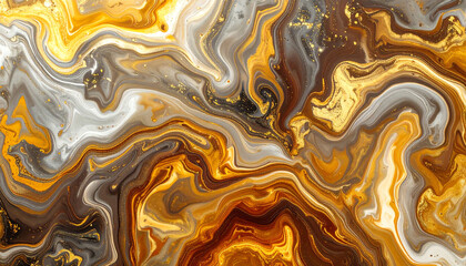 Swirling patterns of gold, brown, and gray create a mesmerizing abstract design, evoking a sense of fluidity and artistic expression