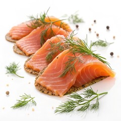 Smoked salmon appetizers with dill and spices on gluten free crackers arranged on white