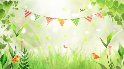 Flag Day Natural Background: Red Flags Merge with Wilderness, Spreading an Ecological Scroll Co - painted by Mountains, Rivers, Plants and Flag Passion