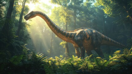 Extinct herbivorous sauropod dinosaur with long neck and tail walking through lush green prehistoric jungle illuminated by sunlight in a detailed natural scene