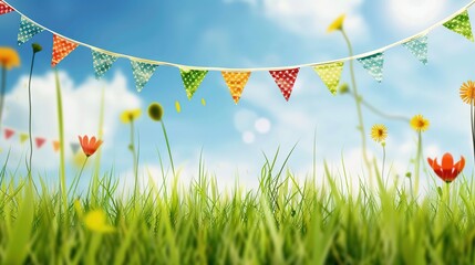 Flag Day Natural Background: Red Flags Merge with Wilderness, Spreading an Ecological Scroll Co - painted by Mountains, Rivers, Plants and Flag Passion