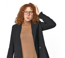 Young Caucasian redhead in business attire being shocked, she has remembered important meeting.