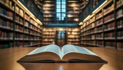 Obraz premium Open Book in Grand Library: A Haven of Knowledge