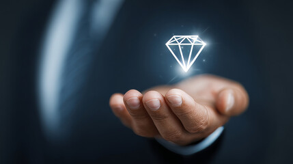 Hand holding glowing diamond symbol, representing luxury and wealth, with dark background that enhances brilliance of diamond. image conveys elegance and sophistication