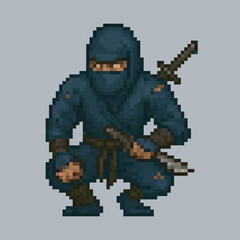 squat black ninja in pixel art style with isolated background
