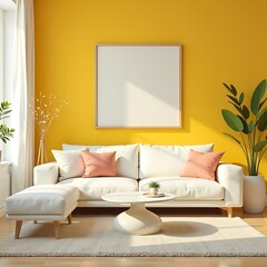 Cozy Living Room Interior with White Sofa, Blank Frame on Yellow Wall, Green Plants, and Soft Pink Cushions in Bright Modern Apartment, Copy Space.   
