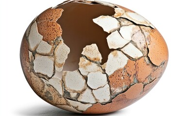 A cracked egg, showcasing a network of irregular, mottled brown and white shards, creating a textured, fragile surface.  A sizable gap in the shell reveals the interior