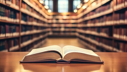 Obraz premium Open Book in a Grand Library: A Haven for Knowledge