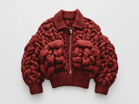 Studio shot of chunky knit bomber jacket with zipper in deep red color on white background fashion apparel concept - Powered by Adobe
