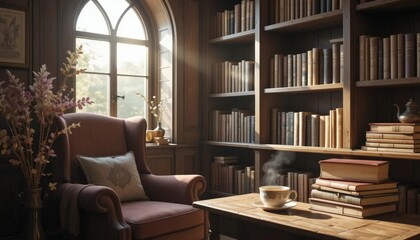 Cozy Reading Nook: A tranquil and inviting library corner, with a comfortable armchair, bookshelves, and a sunlit window, creating a sense of peace and serenity.