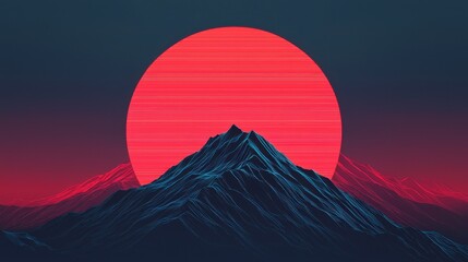 Vibrant Sunset Over Majestic Mountains with Bold Color Palette and Abstract Design Elements