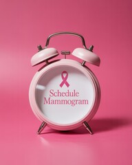 Pink alarm clock with mammogram reminder.