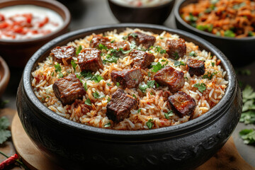Fototapeta premium The Art of Food Photography: Biryani, Meat, and Raita Together